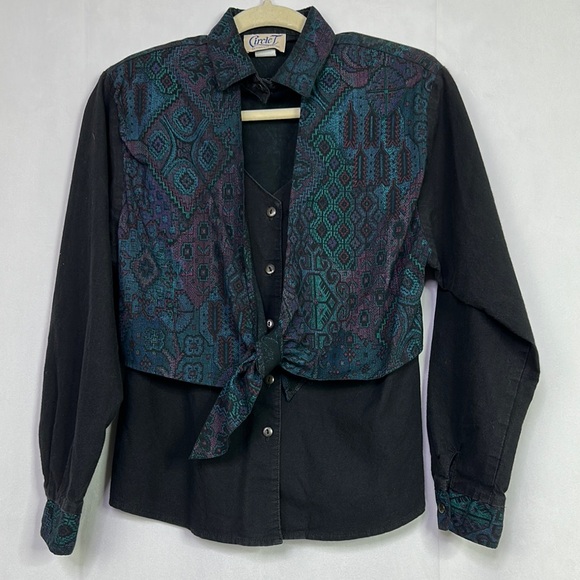 Vintage Circle T Western Cowgirl Button Black and Teal Patterned Tie Front Shirt - Picture 2 of 14